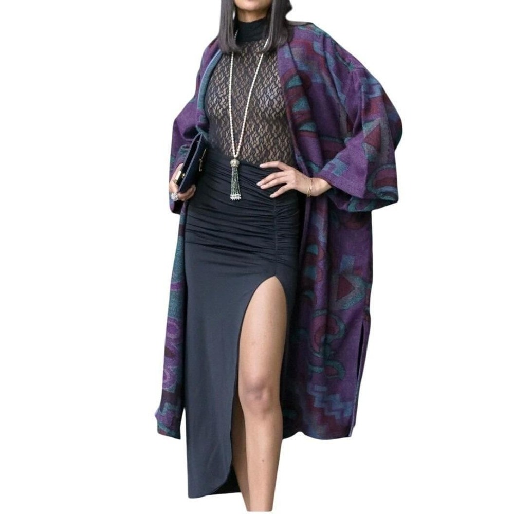 VTG Wendy Glez Cler Picasso Kimono Blanket‎ Sweater Open Cardigan Grape Wine OS